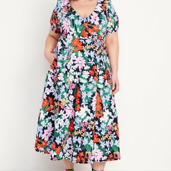 NWT OLD NAVY Puff-Sleeve Midi Swing Dress Color: Multi Floral SIZE SMALL - Picture 2 of 4